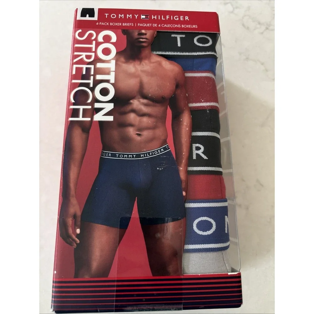 TOMMY HILFIGER 4 Pk Cotton Stretch Boxer Briefs Grey Blue Red Mens SMALL Sealed